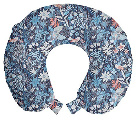 ABAKUHAUS Jacobean Reisekissen Nackenstütze, Oriental Blütenblätter auf Streifen, Schaumstoff Reiseartikel für Flugzeug und Auto, 30x30 cm, Schiefer-Blau Multicolor