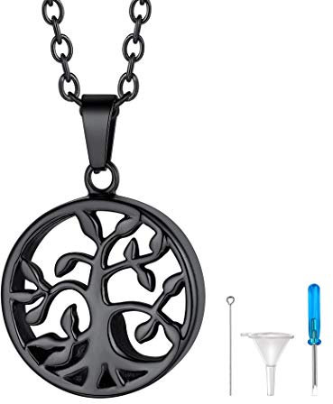 Suplight Collana con Ciondolo Urna per Ceneri albero della vita Nero Collana Portaceneri albero della vita Nero in Acciaio Inossidabile Collana Nera Acciaio Inossidabile