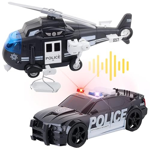 Friktionssats för nödbilar inklusive polisbil och helikopter, ljus och ljud för småbarn och pojkar