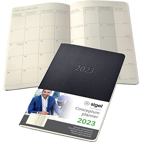 SIGEL C2384 Monats-Kalenderheft Monatsplaner 2023 - ca. A5 - schwarz - Softcover - 2 Seiten = 1 Monat - 64 Seiten - Quickpocket - PEFC-zertifiziert - Conceptum