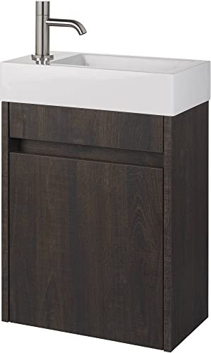 Saqu Florence Gäste WC Waschbecken mit Unterschrank Vormontiert - in Schlossbraun mit Mineralmarmorwaschbecken und Edelstahlhahn Links - Kleines Gäste WC Bad Möbel mit Waschtisch
