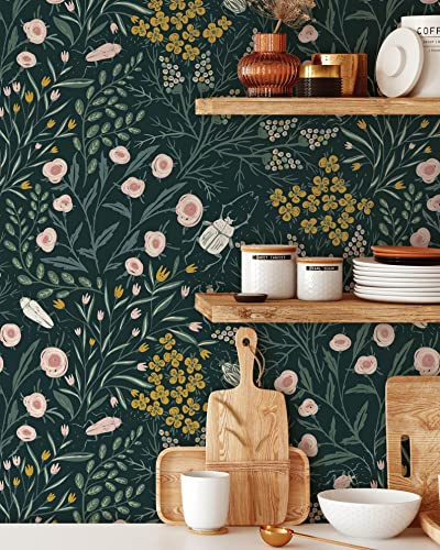 Coloritto Mustard Flowers and Beetles Wallpaper | Removable Self Adhesive Botanical Wallpaper | Floral Peel and Stick Wallpaper (Sample 12 W x 8 H)