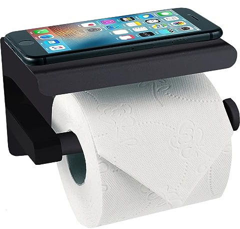 Dolvhin Toilettenpapierhalter mit Ablage | Klopapierhalter ohne Bohren selbstklebend Edelstahl | Klorollenhalter zum Kleben oder Bohren | WC Papier Halterung Badezimmer Aufbewahrung | Schwarz Matt
