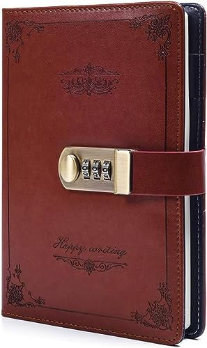 PEYNIR Notizbuch Retro-Tagebuch mit Schloss, PU-Leder, Zahlenschloss-Tagebuch, Zahlenschloss-Tagebuch, A5-Notizbuch, digitales Passwort-Tagebuch, braun Notizbuchordner