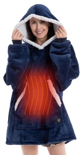 Heated Wearable Blanket USB Electric Hooded Blanket with 3 Heating Levels, Warm Cozy Flannel Oversized Hoodie with Large Pocket Unisex Sweatshirt for Winter for Women Man