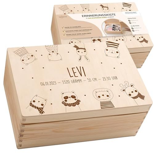 Kidsmood Personalisierte Erinnerungsbox | Individuelle Babybox mit Namen & Geburtsdaten | Handgefertigte Holzkiste mit Deckel für Babys | Schatzkiste als Geschenk zur Geburt oder Taufe