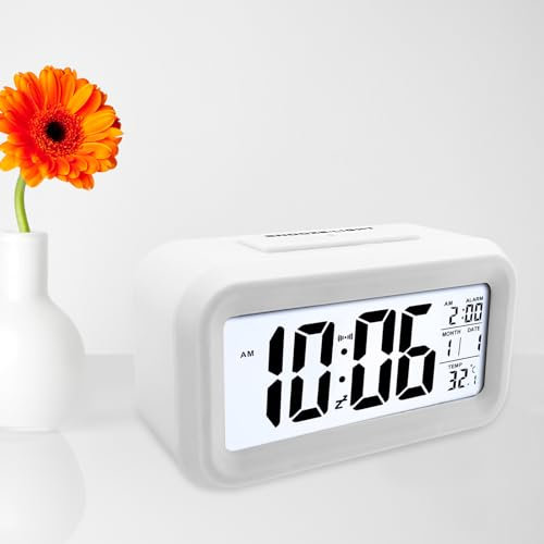 Diompirux Weiß Digital Reisewecker, Nachtlicht LCD Digitaler Wecker mit Temperatur Schlummerfunktion, AAA-Batteriebetrieben Wecker (Batterien Nicht enthalten), für Schlafzimmer, Schreibtisch, Reisen