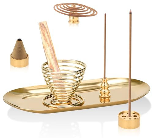 Kigniote 5 in 1 Räucherstäbchenhalter,Weihrauchholz Halter Salbeihalter 14cm Messing Räucherstäbchen Halter Aschefänger Rund Incense Holder für Deko Wohnzimmer Yoga Meditation Zubehör (Oval)