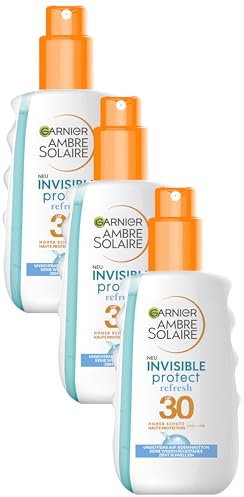 Garnier Sonnenschutz-Spray mit LSF30, Unsichtbare und wasserfeste Sonnenmilch mit kühlendem Effekt, Ambre Solaire Invisible Protect Refresh, 1 x 200 ml (Packung mit 3)