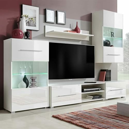 Mengtu Mobile TV a Parete con Vetrina 5Pezzi Illuminazione LED Bianco, Mobile Porta TV Mobiletto Basso per TV per Tavolino da Salotto Industriale Supporto TV per Soggiorno Mobili per Interni/Esterni