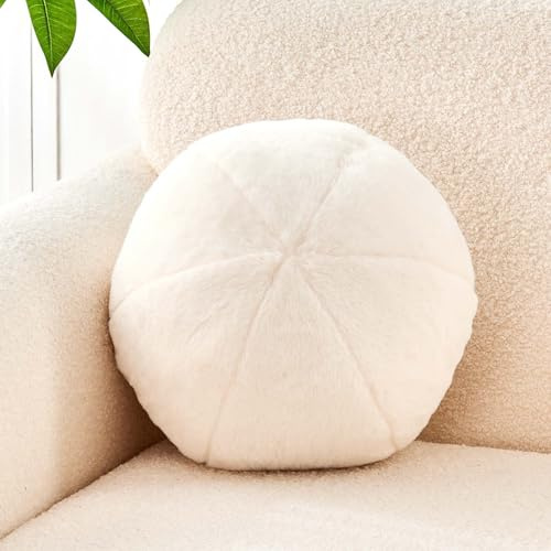 Uvvyui Ivory Ball Pillow, 11.8 Cute Round Throw Pillow Faux Rabbit Fur Room Decorative Throw Pillow, Ball Shaped Pillow Plush Cushion for Couch, Sofa, Bedroom