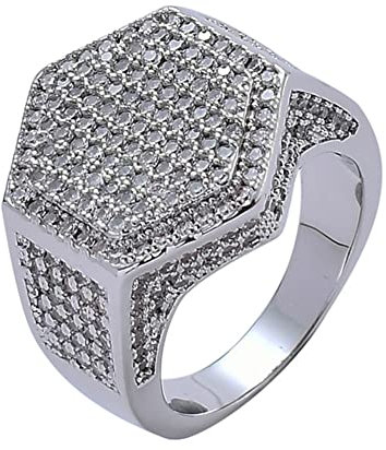 Herren Damen Hip Hop Iced Out CZ sechseckiger Ring – 14 K vergoldeter simulierter Diamant Bling Zirkon Ring – Rapper Street Rock Bar Party Mode Charm Schmuck (Farbe: Silber, Größe: 08