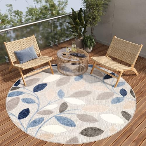 TAPISO Patio Tappeto Rotondo Esterno Interno Pelo Corto Design Moderno Motivo Foglie Effetto 3D tonalità Beige Blu Salotto Sala Camera Terrazza Balcone Outdoor Indoor Oeko-Tex 100 x 100 cm