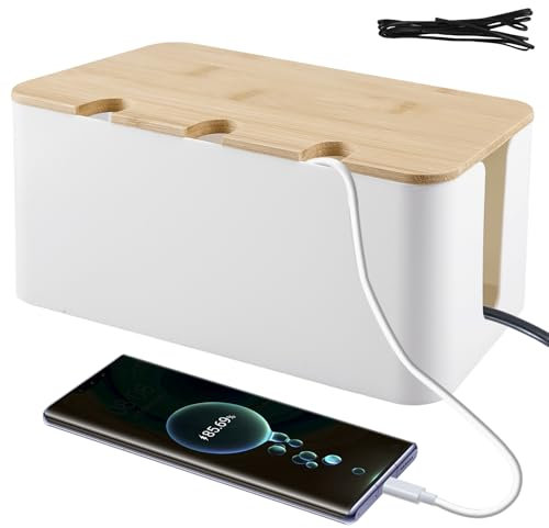 Scatola per cavi con coperchio in bambù, 23,5 x 12 x 11,5 cm, colore bianco, scatola di gestione dei cavi, tre fori rotondi, organizer per cavi in legno, nascondiglio per cavi, ciabatta