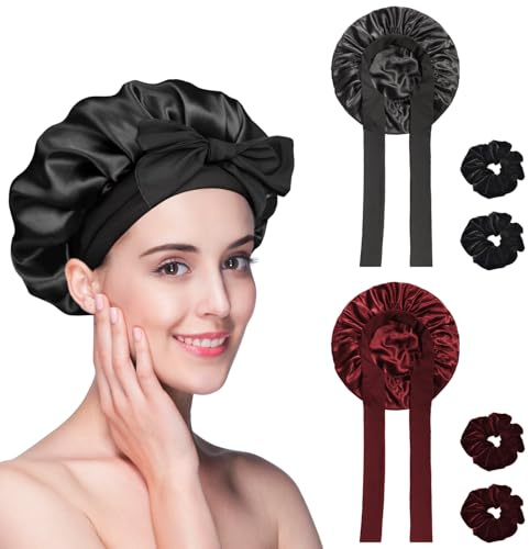 lafo 1 Stück Schlafmütze Satin Bonnet Nacht Schlaf Schlafhaube Seide mit 3 Haargummis Seidenhaube zum Schlafen Bonnet Sleep Cap für Damen und Mädchen (Schwarz + Rot)