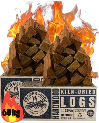 Kiln Dried Hardwood Firewood Logs - Proper Wood 60kg Box. Certified 'Ready to Burn', Low Moisture, Long Lasting Heat & Minimal Smoke. Indoor Fireplaces, Stoves Or Outdoor Fire Pit, Pizza Oven & BBQ