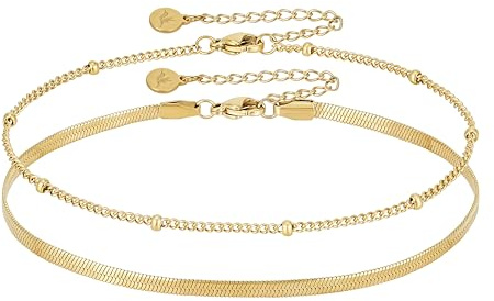 BONNYBIRD® Fußkettchen für Damen Gold Wasserfest Fußketten Set Edelstahl Fussketten für Frauen Boho Fußschmuck Vergoldet Doppelkette Ankle Bracelet Goldener Sommer Schmuck Festival Outfit