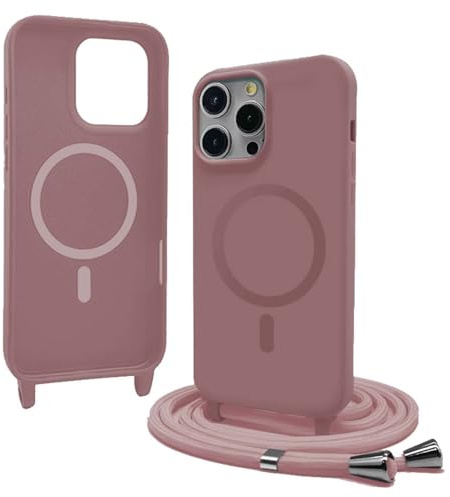 Magnetic Cover with Lanyard for iPhone 15 Pro Max,[Compatible with MagSafe], Silicone Cover, Adjustable Nylon Neck Strap Chain Necklace Strap, Rose Gold