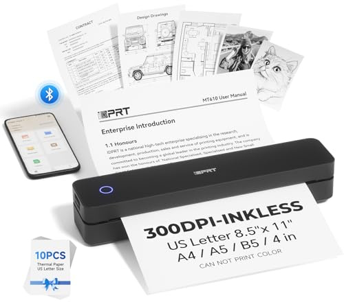 iDPRT Imprimante portable sans fil pour voyage – Prise en charge de l'imprimante mobile Bluetooth pour lettre américaine de 21,6 x 27,9 cm, sans encre compatible avec iOS, Android, ordinateur portable
