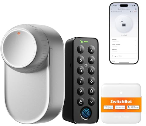 SwitchBot Lock Ultra, Cerradura Inteligente WiFi con Teclado De Pantalla Táctil, Huella Dactilar, Cerradura Electrónica con Batería Recargable, Compatible con Cilindro Europeo, Matter/Alexa/Google