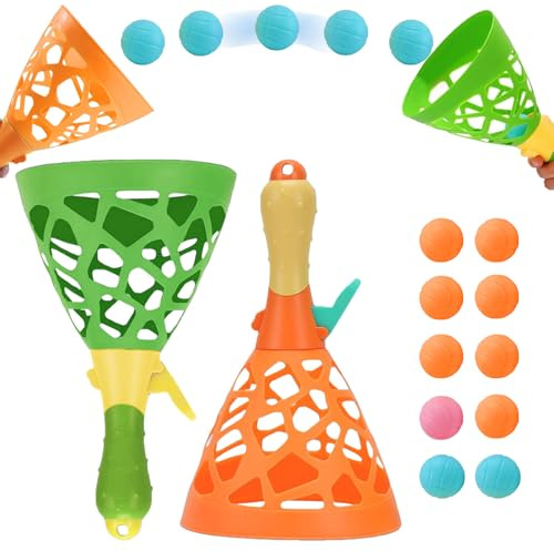 LUKIUP Fangballspiel Kinder Outdoor, mit Zwei Farben - 2 Fangbechern und 10 Bällen, Fangbecher Ballspiel, Fang den Ball Wurfspiel für Kinder Outdoor Indoor Spielaktivitäten (Orange Grün)