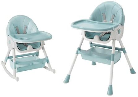 Babyhochstuhl, skalierbar, 4-fach höhenverstellbar, faltbar, mit integrierten Rädern und 5-Punkt-Sicherheitsgurt, ideal zum Essen, Spielen und Schlafen in einem – Grün