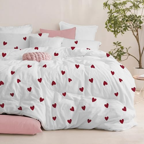 Dreamzie Copripiumino da 3 Pezzi – Copripiumino Matrimoniale 200x200cm, Federe 65x65cm (x2) – In Microfibra – Fantasia Cuori Rossi
