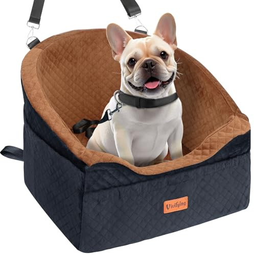 Vivifying Dog Car Seat, Memory Foam Dog Booster Seat for Small（Black&Brown） | Detachable and Washable, Height Elevated with Storage Pockets