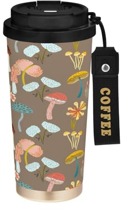 JUMBEAR Taza de viaje con aislamiento al vacío con diseño de setas de dibujos animados, tazas de café reutilizables de viaje, taza de café de acero inoxidable de doble pared a prueba de fugas con tapa