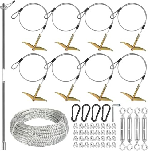 hannger Confezione da 8 ancoraggi a terra – Kit di ancoraggio facile con asta di guida, cavo zincato e tenditori, picchetti per cavi di ancoraggio a terra per capannoni, serre, tettoie, gazebo, tende