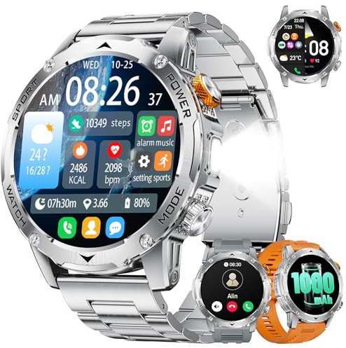 LIGE Smartwatch Herren mit Telefonfunktion, 1000mAh Batterie/1.75 Bildschirm Akku Sportuhr, LED Taschenlampe 110+Sportmodi IP68 Wasserdicht für Android iOS, Herzfrequenz Schlafmonitor, Silber