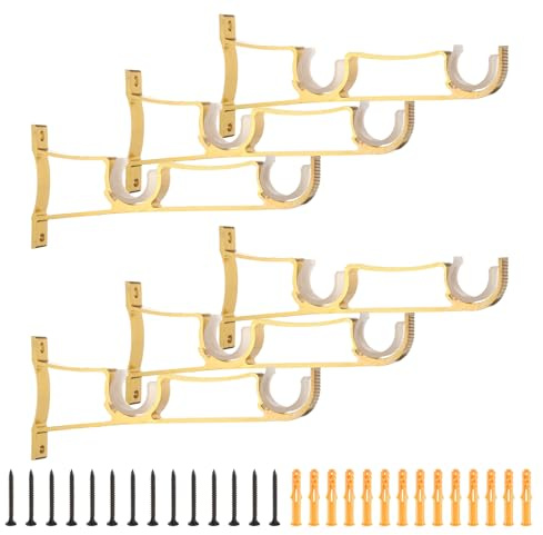 sourcing map 6 soportes para barra de cortina, soportes dobles de 210 mm para barra de cortina de 1 pulgada, ganchos gruesos para montaje en pared con tornillos, color dorado