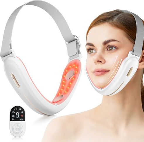 Elektrisches V-Face Shaping Massager, ANLAN Doppelkinn Entferner 9 Intensitätsstufen 4 EMS Modi Blau Rotlichtlampe Gesicht Gesichtsmassagegerät Gegen Falten 42°C Face Massager mit Fernbedienung, Typ-C