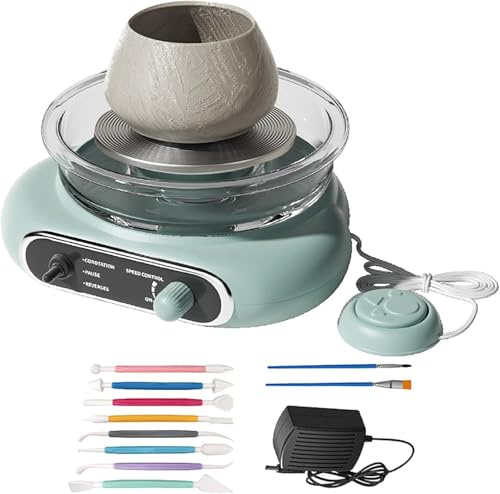 Mini Tornio Elettrico per Ceramica con Pedale, Macchina per Ceramica E Kit per Ceramiche, Bacinella Rimovibile, Studio Fai-da-Te, Tornio per Adulti E Bambini, Green