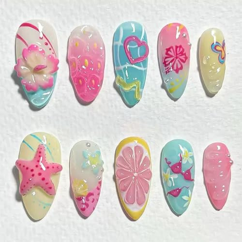 Almond False Nail Tips, 10-Piece 3D Decorative Set, Assorted Colours | Glossy Raised Flowers, Fruit Slices, Starfish, Butterflies And Heart Motifs, For Everyday Manicures And Summer Social Events