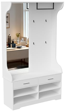 TIMORWTF Mobile d'ingresso Spogliatoio con specchio, set di appendiabiti con panca da scarpe, 4 portascarpe aperte e 2 cassetti, 4 ripiani, per ingresso, corridoio 35 x 100 x 180 cm (bianco)