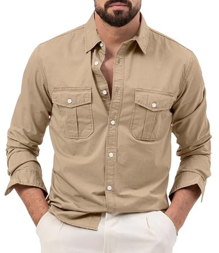 Men's Long Sleeve Safari Shirt - Casual Loose Fit, Tactical Cargo Style, Lightweight Fabric, Button Down Closure, Great for Hiking & Travel Khaki