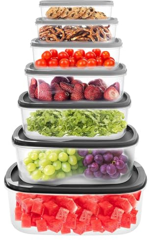Greenfields 7 Piece Food Storage Containers Set – Leak-Proof BPA-Free Plastic Lunch Boxes with Lids – Stackable Nesting Meal Prep Containers for Kitchen, Pantry, Freezer, Office & School