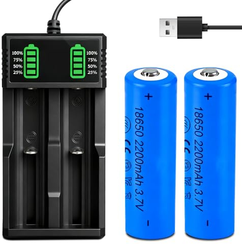 Weciau Rechargeable Battery Charger, 18650 Lithium-ion Battery Charger Set with 2 Pack 3.7V 2200mAh Batteries, 2-Bay Battery Chargers with LED Indicator for 18500 21700 26650 14500 16340 10440 18650