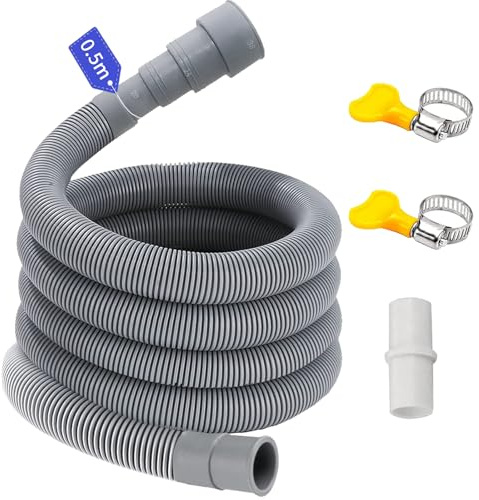 Tuyau Vidange Machine a Laver 0.5/1/1.5/2/2.5/3/4/5/6/7M, Convient à 4 Tailles d'interface, Avec Support et Colliers de Serrage, Tuyau Machine à Laver Pour Laveuse, Lave Vaisselle et Sécheuse(0.5 M)