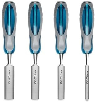Juego de 4 cinceles de madera de 6/12/18/24 mm para herramientas de tallado de precisión para carpintería con bordes biselados y asas ergonómicas de plástico compatibles con uso en mazo