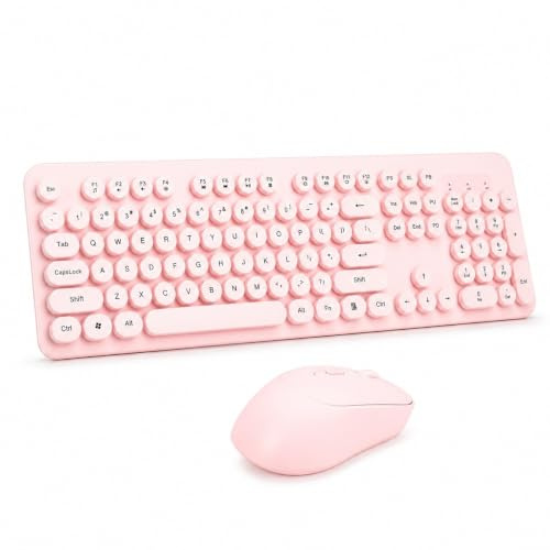 Wireless Keyboard and Mouse Combo, 104 Keys Retro Typewriter Style Computer Keyboard with Round Keycaps and Silent Mouse for PC Laptop Desktop