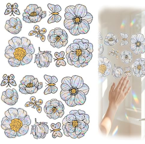 22 stycken prismatiska bilder för fönster - regnbågsdesign fågelskyddsfolie - blomformade dekorativa klistermärken för att fånga solen - anti-kollisionsklistermärken PVC