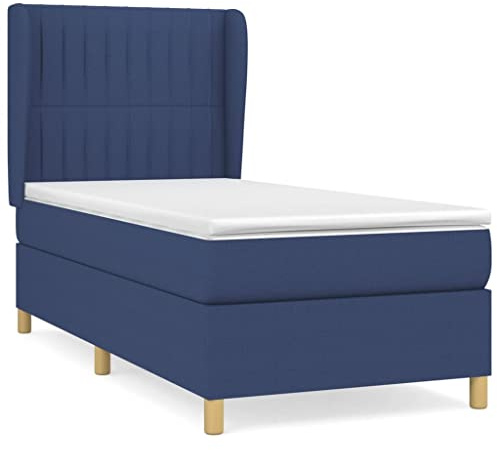 QJBSAVVA Boxspringbett 90x200 cm Blau mit Matratze und Topper - Polsterbett mit Kopfteil, Taschenfederkernmatratze H3 Mittelfest, Stoff Bettanlage für Einzelschläfer und Jugendzimmer