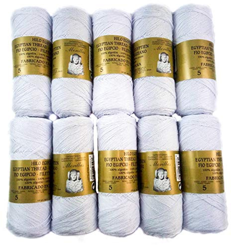 ▷ Pack med 10 Zepelines Ne 5/2 färg Vit 100% egyptisk merceriserad pärlbomull blå stickad för DIY och handstickning virkade eller stickade arbeten med elegant finish. (85gr.*10stycken)