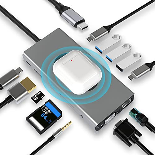 Dongle USB C HUB con carga inalámbrica, adaptador de estación de acoplamiento 13 en 1 con HDMI 4K, VGA, 2 USB 3.0, USB C 3.0 y 2.0, SD/TF y AUX de 3.5 mm, compatible con MacBook Pro y otros portátiles