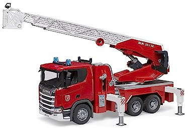bruder 03591 - Scania Super 560R Camión de bomberos con escalera giratoria, bomba de agua, módulo de luz y sonido - 1:16 Vehículos, Camión de bomberos, Juguetes a partir de 4 años