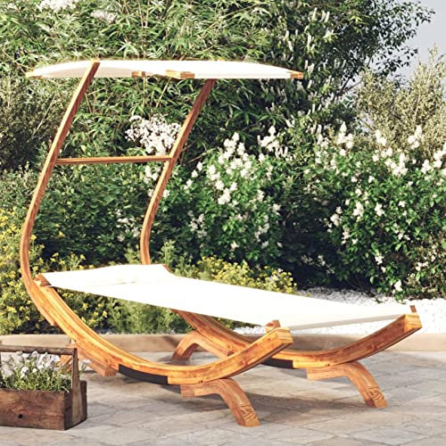 Homgoday Loungebett mit Dach Sonnenbett Gartenliege Sonnenliege Lounge Bett Hängematte Sonnenliege für Garten Terrasse Pool Balkon 100x190x134 cm Bugholz Massiv Creme