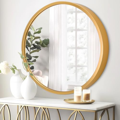 JJUUYOU Espejo de pared redondo, dorado, marco de metal, 30 cm x 30 cm, Art_Deco, maquillaje, baño, dormitorio, montaje en pared