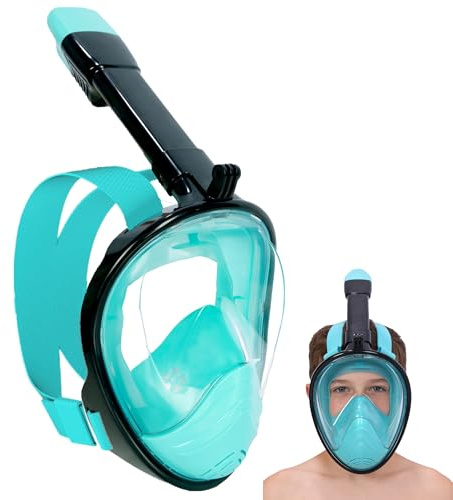 Snorkel Mask for Kids,Full Face Diving Mask Anti-Fog, Anti-Leak 180°view Design, Snorkeling Mask Set for Kids Girls Boys- Sports Camera Compatible(BlackGreen XS)
